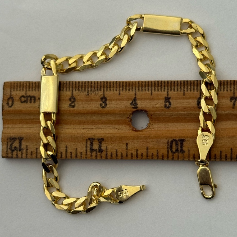 925 Silver 7.5” 5mm bracelet cuban with bar bars chain 18k yellow gold plated